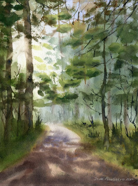 Dawn in the forest, watercolor, 28x38 sm,