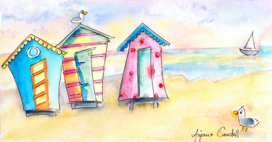 Beach hut Painting, Fun Seaside Art, Watercolour and ink illustration, Original Watercolour Painting, Seascape, Seaside illustration