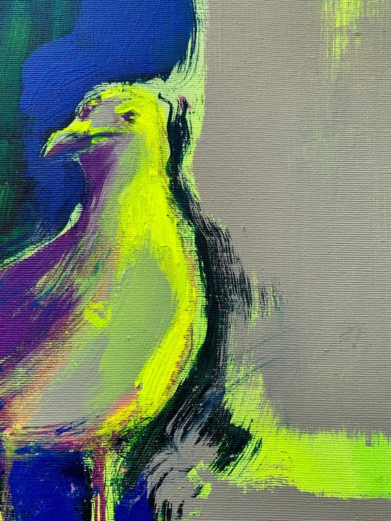 "To beach" - Vertical painting - Pop Art - Bird - Seagull - Miami - Purple&Yellow - Grey&Blue