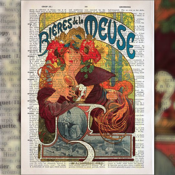 Bieres de la Meuse - Collage Art Print on Large Real English Dictionary Vintage Book Page