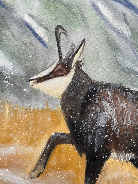 Goat Watercolor Painting, Chamois Artwork, Mountain Wall Art, Nursery Decor, Kids Room Art