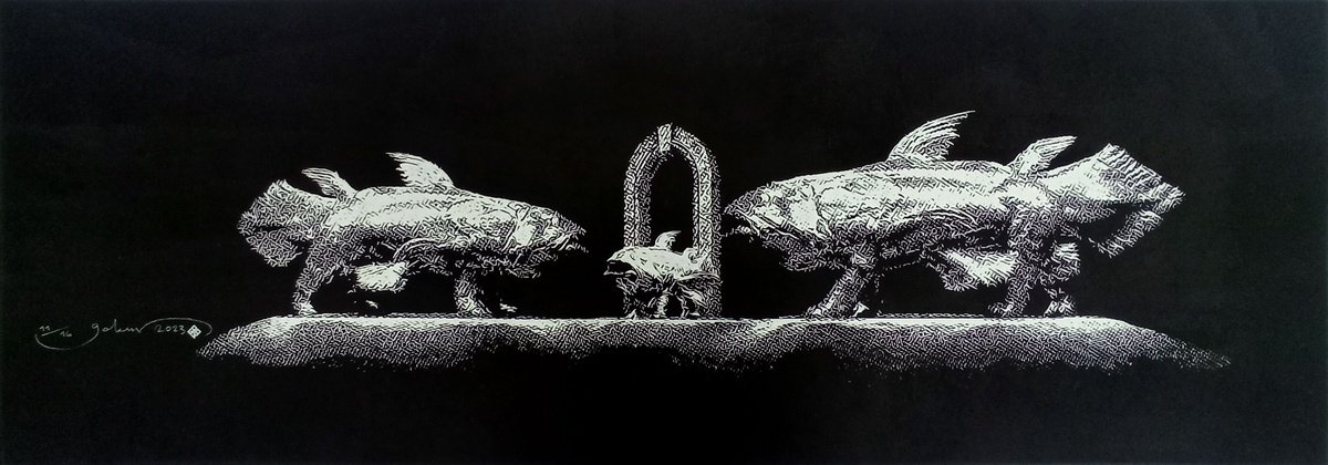 Surrealistic Animal Screenprint By Gokhan Okur, 39 X 14, Ancient Gate Guards 02, Original Artwork