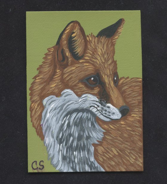 ACEO ATC Original Miniature Painting Red Fox Wildlife Art-Carla Smale