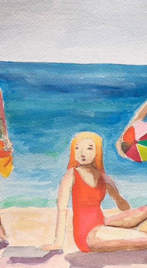 A Day at the Beach - seaside play - ocean - beach - woman in bathers by Sharyn Bursic