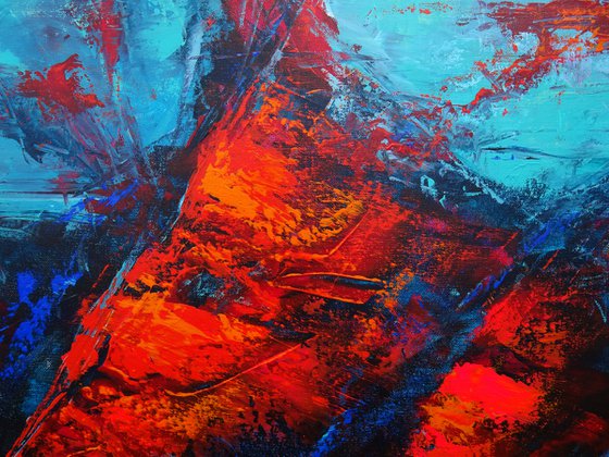 Large Abstract Turquoise Red Landscape Painting. Modern Textured Art. Blue Abstract. 61x91cm.