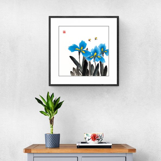 Blue irises and dancing bees - Oriental Chinese Ink Painting