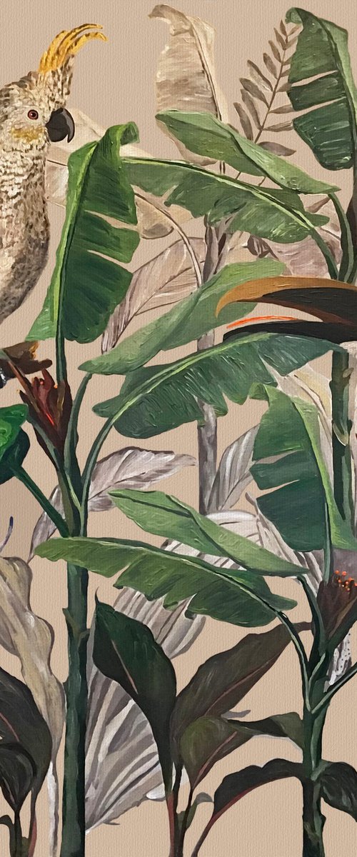 Jungle Light N°4 - Cockatoo and Touchan Fern - Tropical - Art-Deco - Organic Floral, Large painting by Artemisia