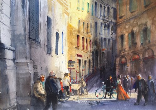 Abstract City Street in Italy it's original watercolor art painting. by Samira Yanushkova