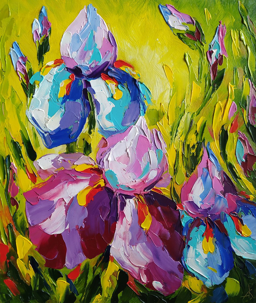 Irises in a sunny day - flowers, oil painting, irises flowers, gift idea, gift for woman by Anastasia Kozorez
