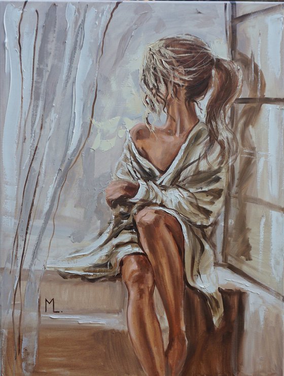 " BY THE WINDOW ... "-   liGHt  ORIGINAL OIL PAINTING, GIFT, PALETTE KNIFE nude WINDOW