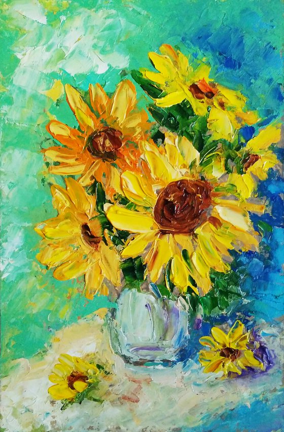 Bouquet of Sunflowers 3 Floral Oil Painting Small Original Art Bouquet Artwork Flowers Wall Art