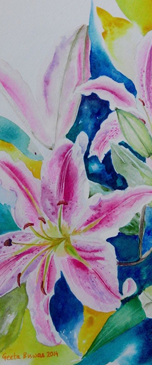 Stargazer Lilies flowers, still life in impressionism by Geeta Yerra