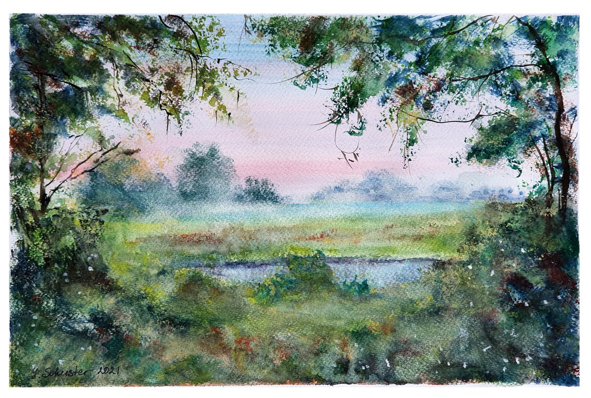 Impressionistic Landscape Watercolour By Yulia Schuster, 14 X 9", Peace Of Evening Colors, Original Artwork