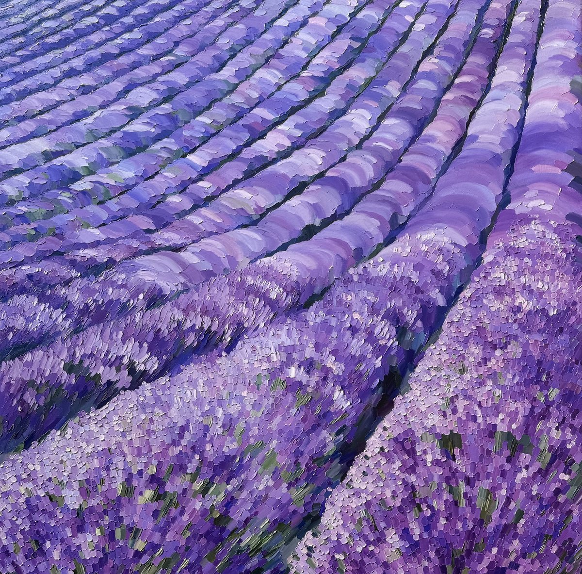 Impressionistic Botanical Oil Painting By Ulyana Korol, 39 X 39", Lavender Dusk, Original Artwork