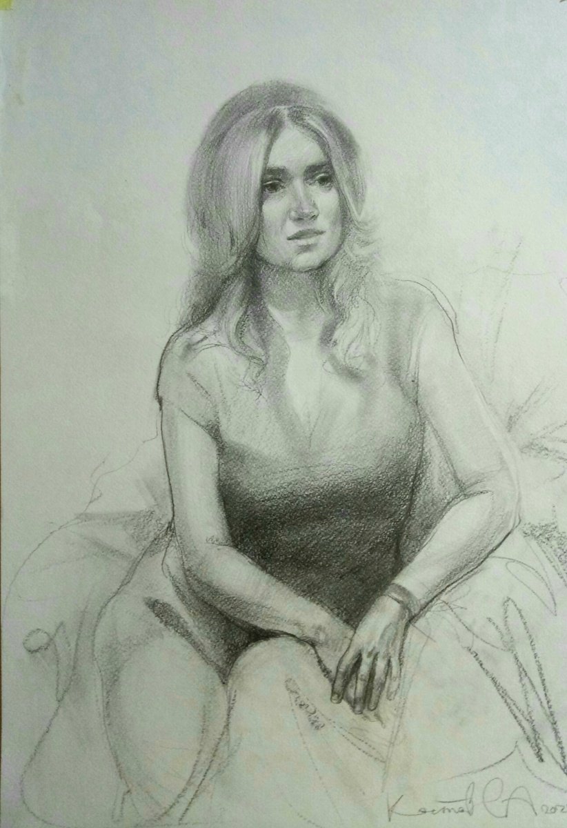 Expressive Portrait Pencil Drawing By Sergey Kostov, 17 X 24", Unawares, Original Artwork