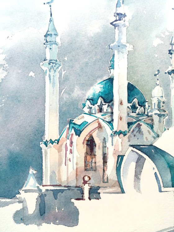 "Kul Sharif Mosque, Kazan, Russia" architectural landscape - Original watercolor painting