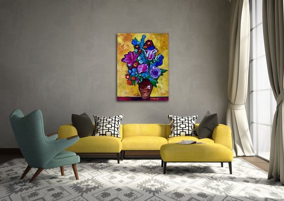 Bouquet of abstract flowers in a vase Tulips, roses palette knife painting yellow pink blue purple bouquet modern wall decor present idea