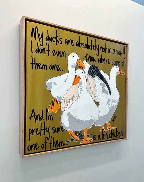 Ducks in a Row Gold Bin Chicken Framed