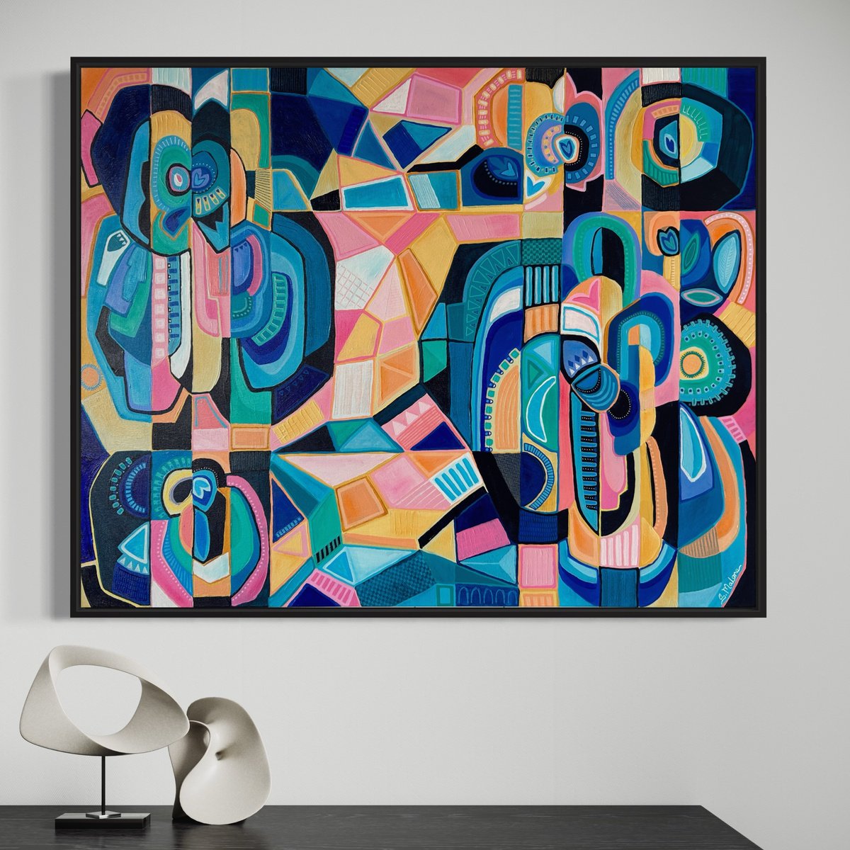 Geometric Abstract Painting By Samantha Malone, 39 X 31", Fragments From The Past, Original Artwork