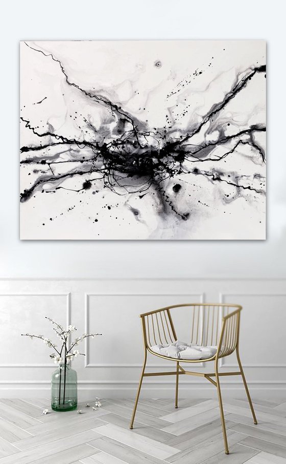 BLACK AND WHITE NEBULA ABSTRACT LARGE CONTEMPORARY ART