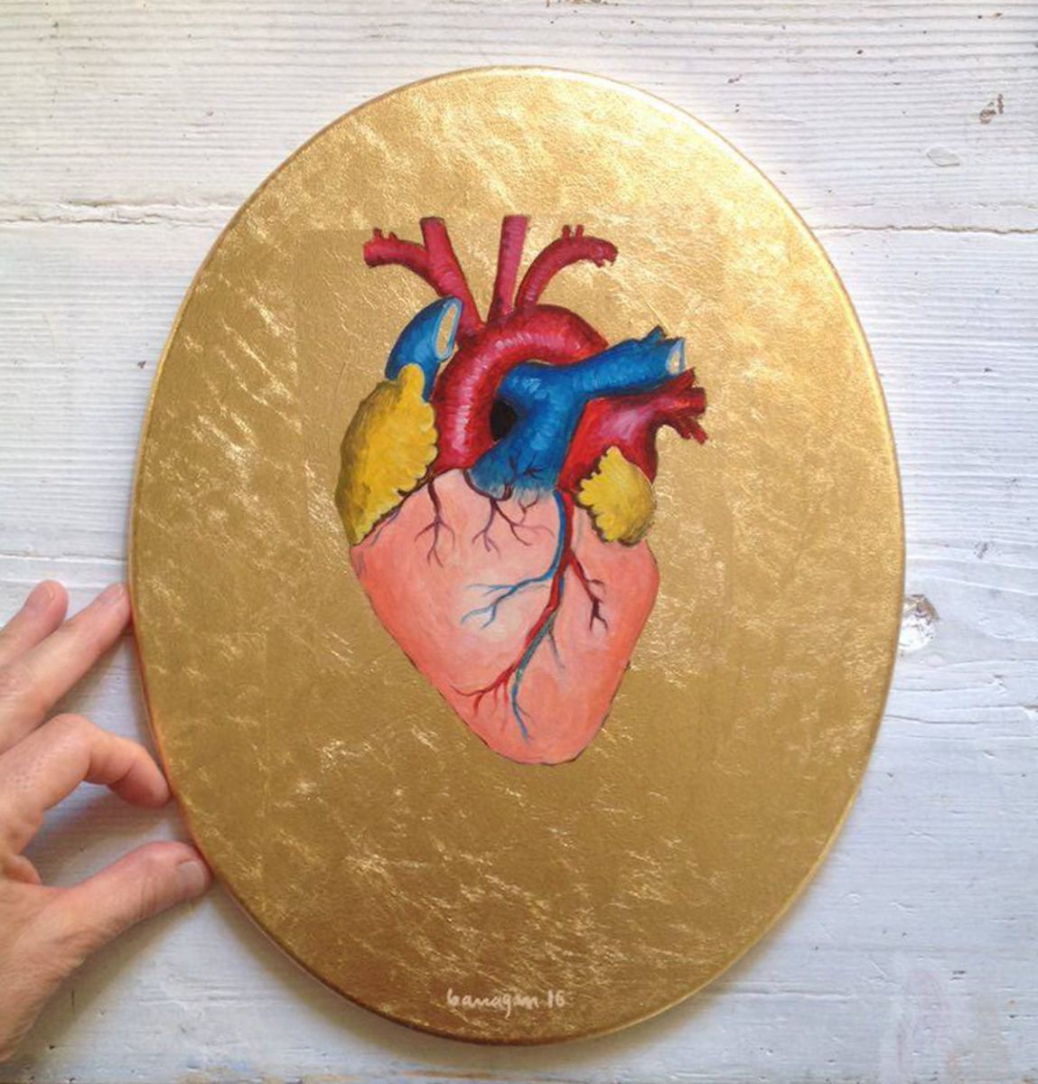 Little Sweetheart Heart Oil Painting on Oval Lacquered Golden Leaf Canvas Frame by Caridad I. Barragan