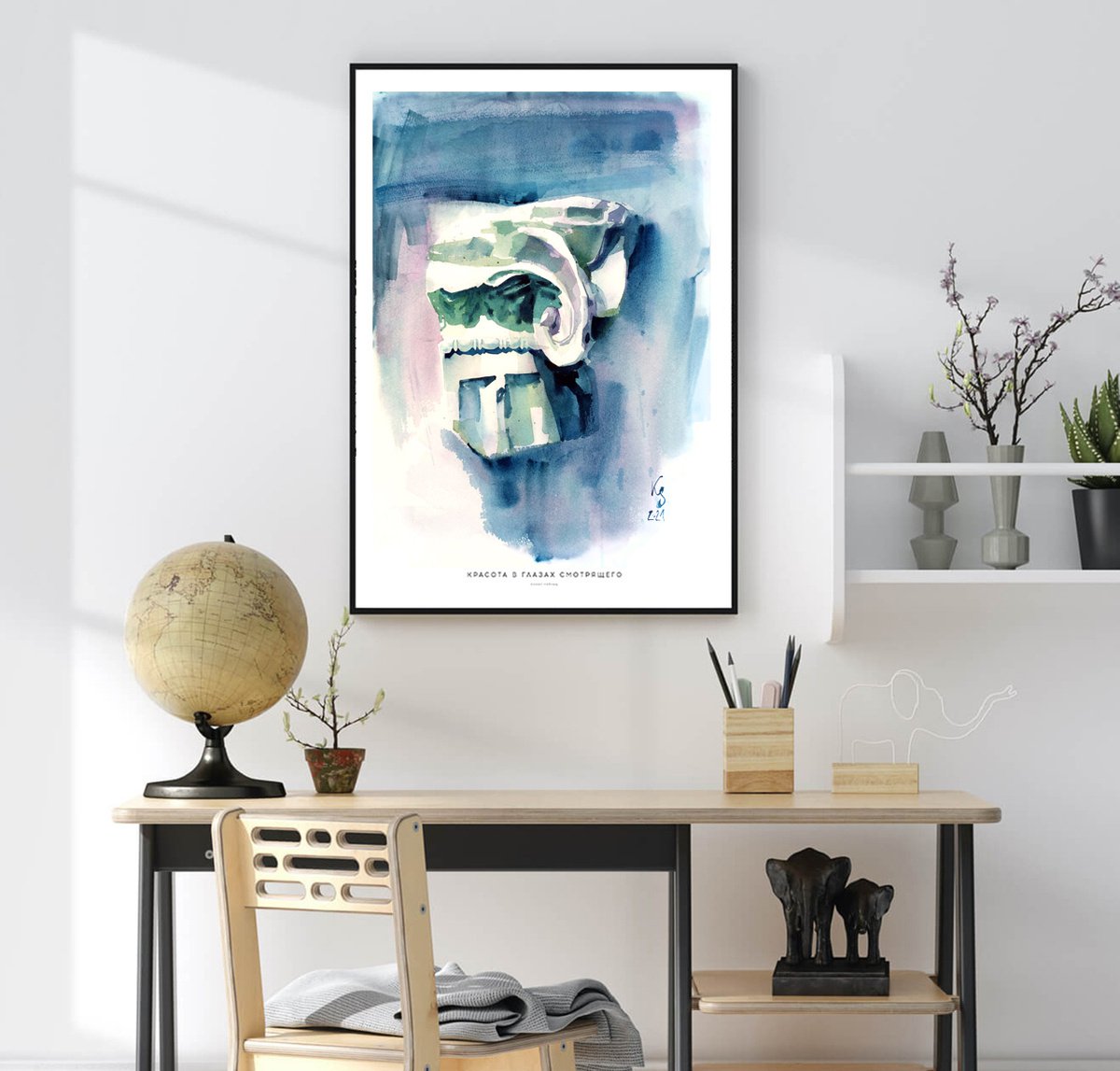 Impressionistic Cityscapes Watercolour By Ksenia Selianko, 12 X 16", Column In Blue Shades, Original Artwork