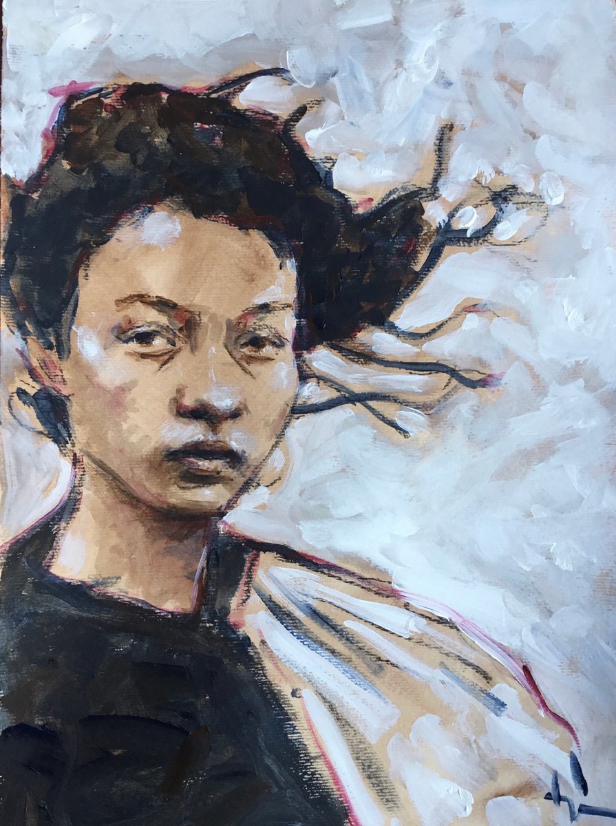 Expressive Portrait Acrylic Painting By Dominique Deve, 12 X 17, Winter Study, Original Artwork