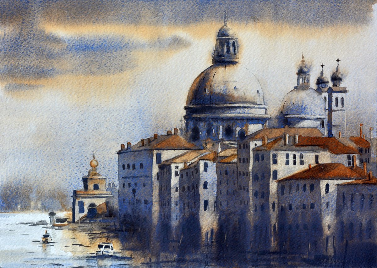 Impressionistic Cityscapes Watercolour By Nenad Kojic, 15 X 11", Warm Colors Of Santa Maria Ven, Original Artwork