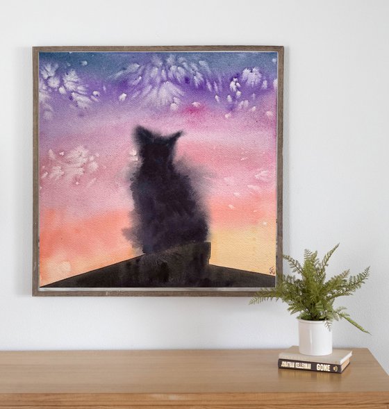 Cat Watercolor Painting, Abstract Black Cat Original Artwork, Sunset Wall Art, Cat Lover Gifts