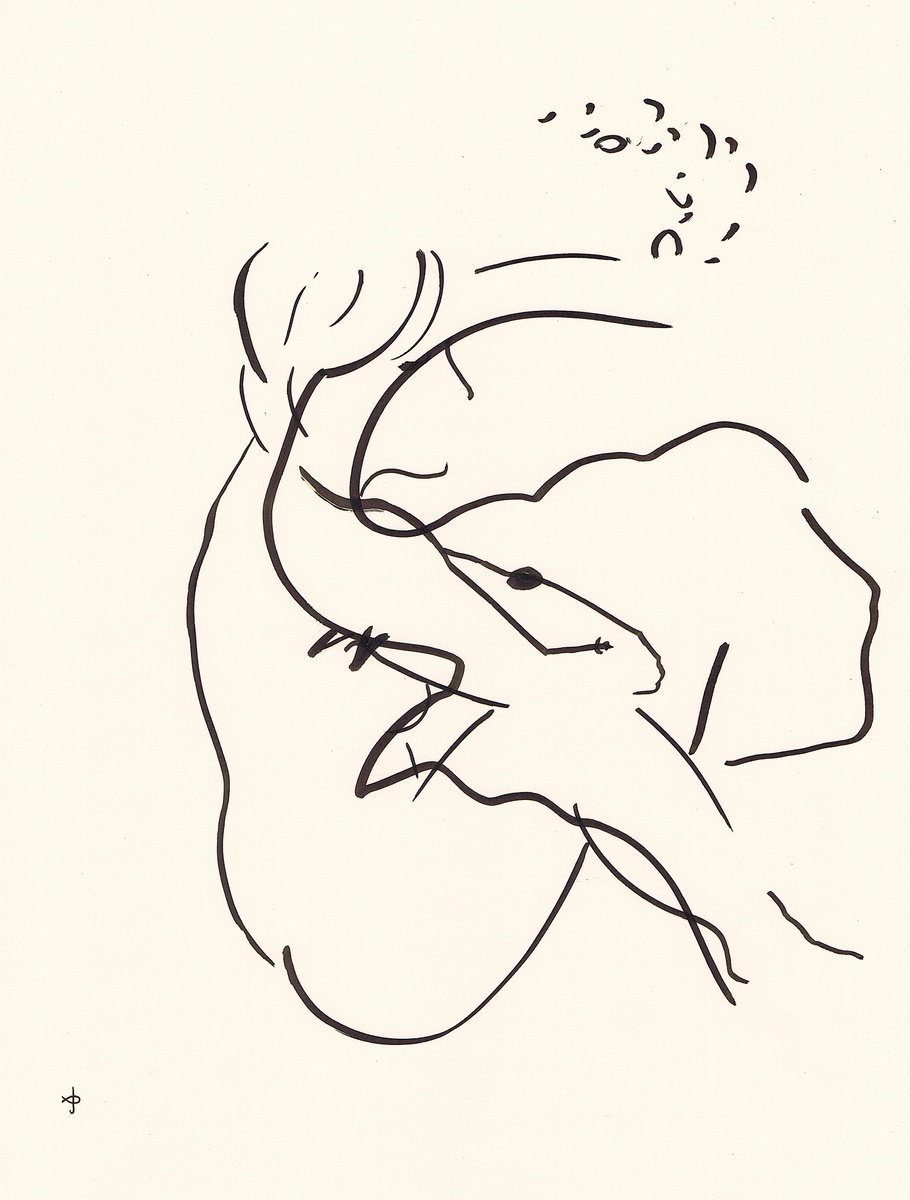 Expressive Animal Ink Drawing By David Jones, 12 X 15, Together #2410E, Original Artwork