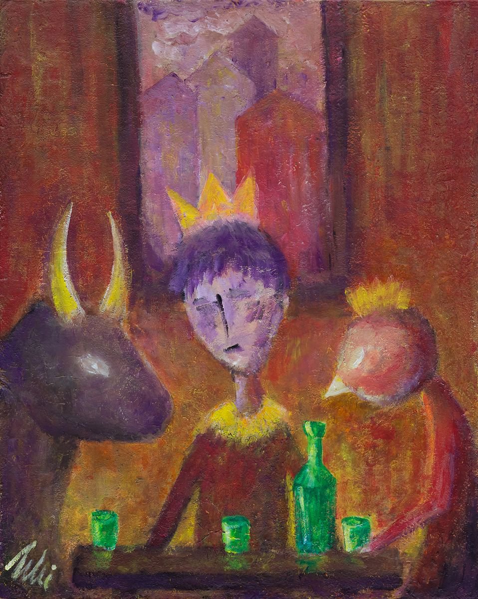 Naive Animal Acrylic Painting By Peter Zelei, 16 X 20", Drunken Kings, Original Artwork