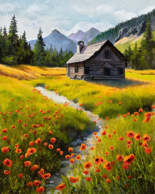 Mountain cabin scene with poppies by Lucia Verdejo