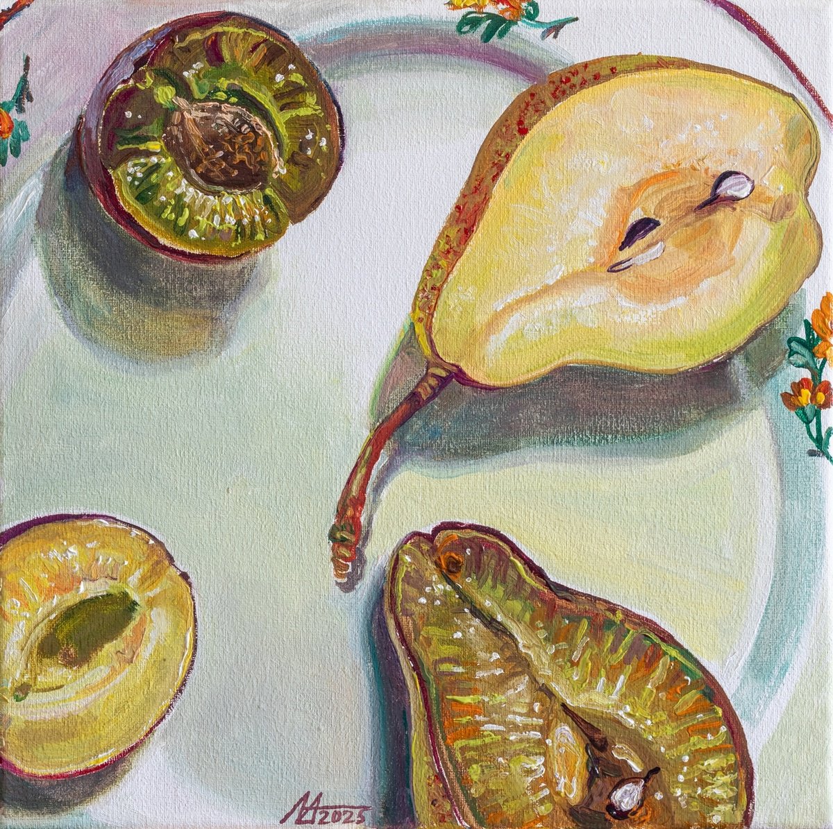 Photorealistic Still Life Oil Painting By Alona Lesnichenko, 8 X 8, Plums Or Pear, Original Artwork