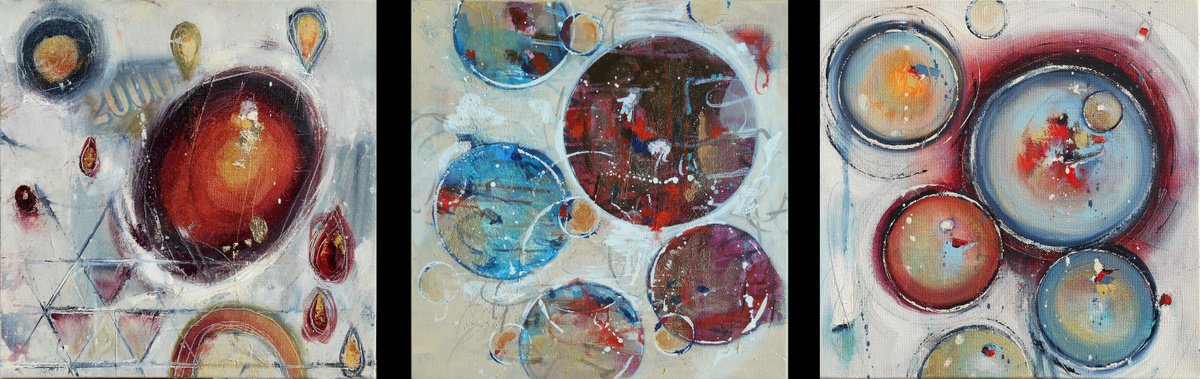 Welcome To The Future Triptych - Abstract Art - 12 x 36 IN / 30 x 91 CM - Abstract Oil Pai... by Cynthia Ligeros Abstract Artist