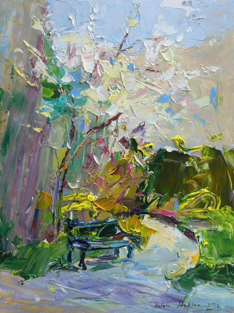 Expressive Landscape Oil Painting By Helen Shukina, 12 X 16, One Of The Spring Mornings, Original Artwork