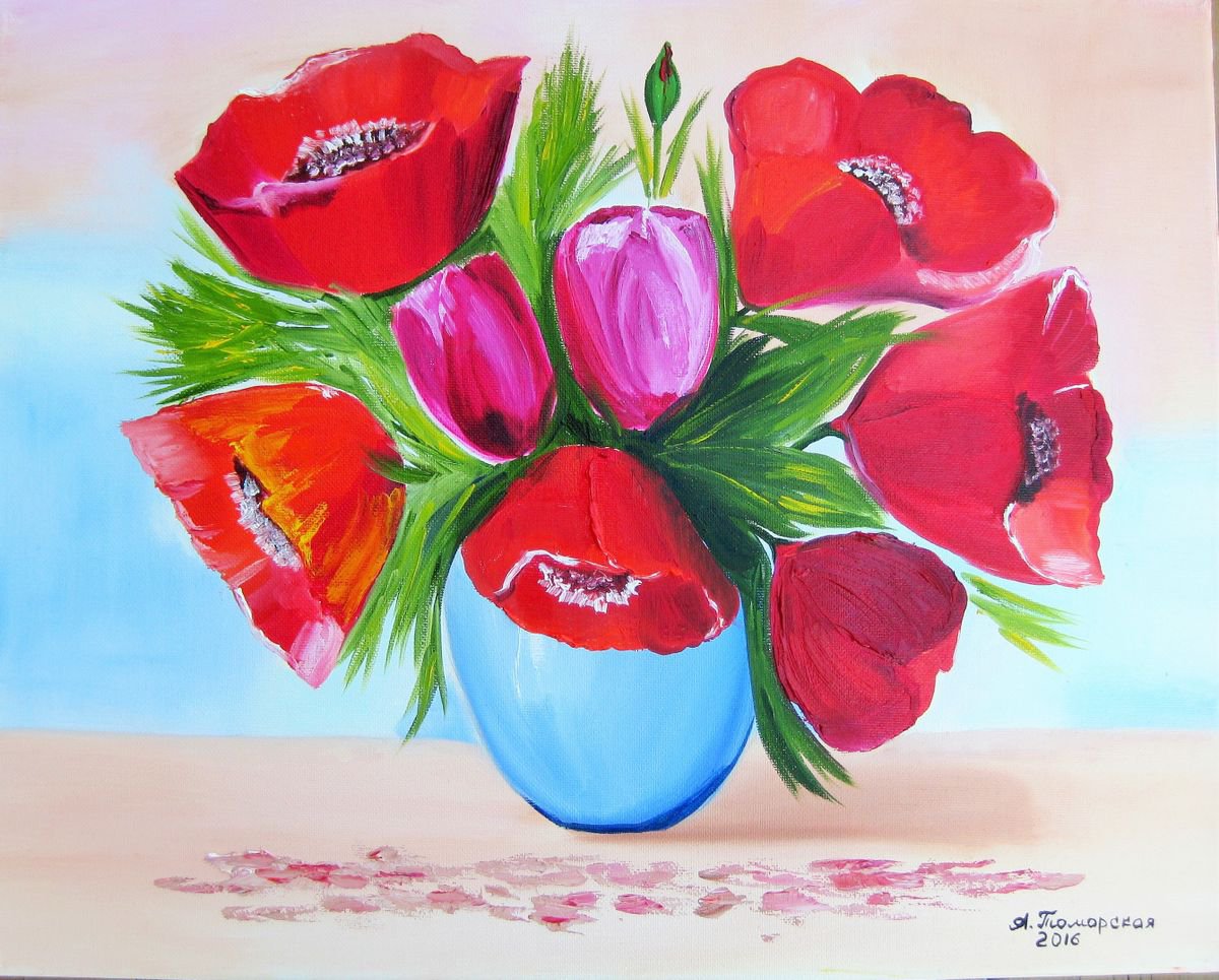 Poppies and Tulips. Original Painting on Canvas. 16 x 20. 40 x 50 cm. by Alexandra Tomorskaya/Caramel Art Gallery