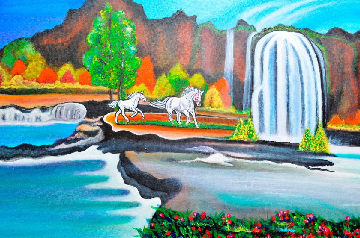 Landscape with Waterfall horses and Garden by Manjiri Kanvinde