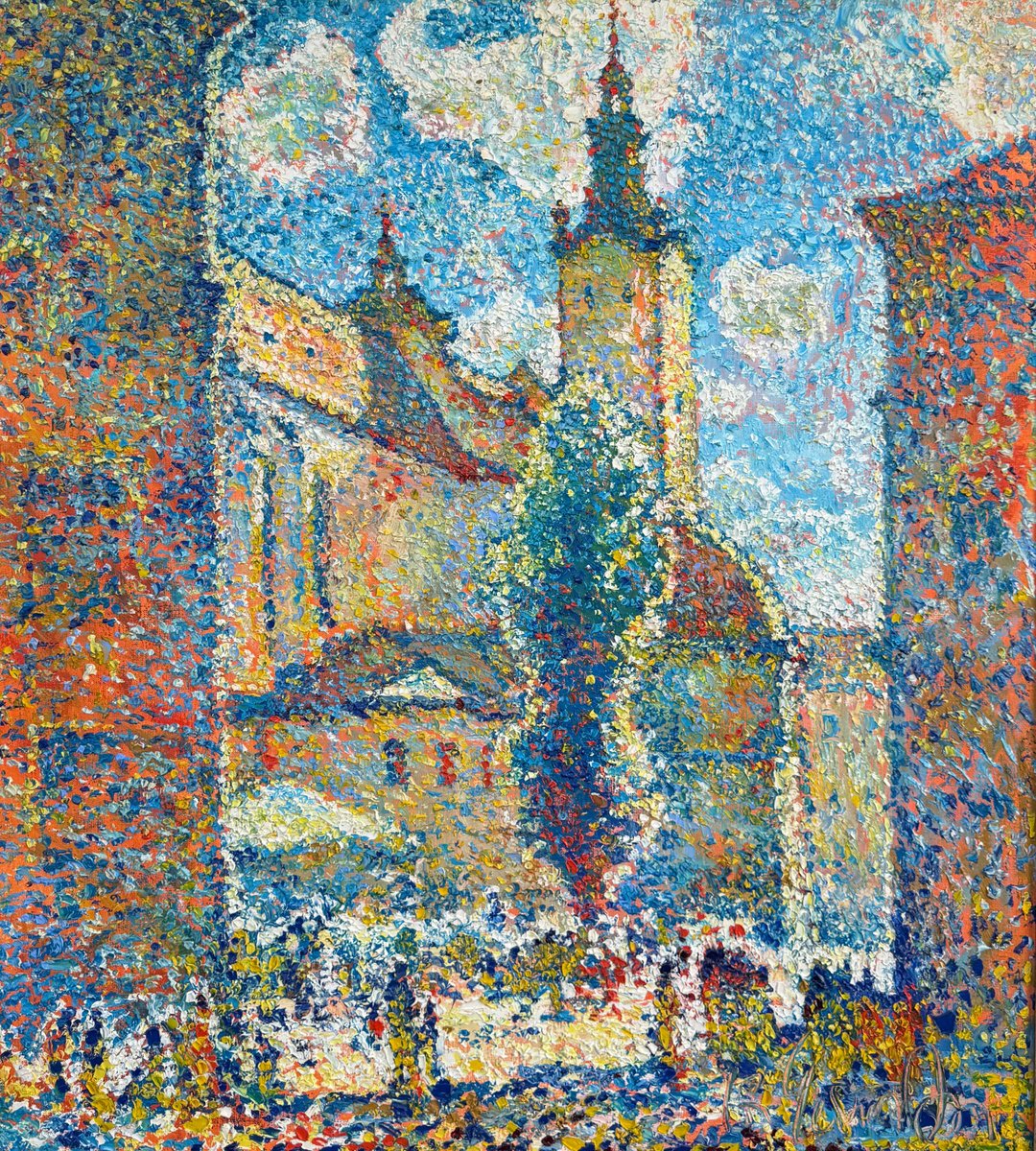 Impressionistic Landscape Oil Painting By Andrii Chebotaru, 35 X 39, Rynok Square. Lviv, Original Artwork