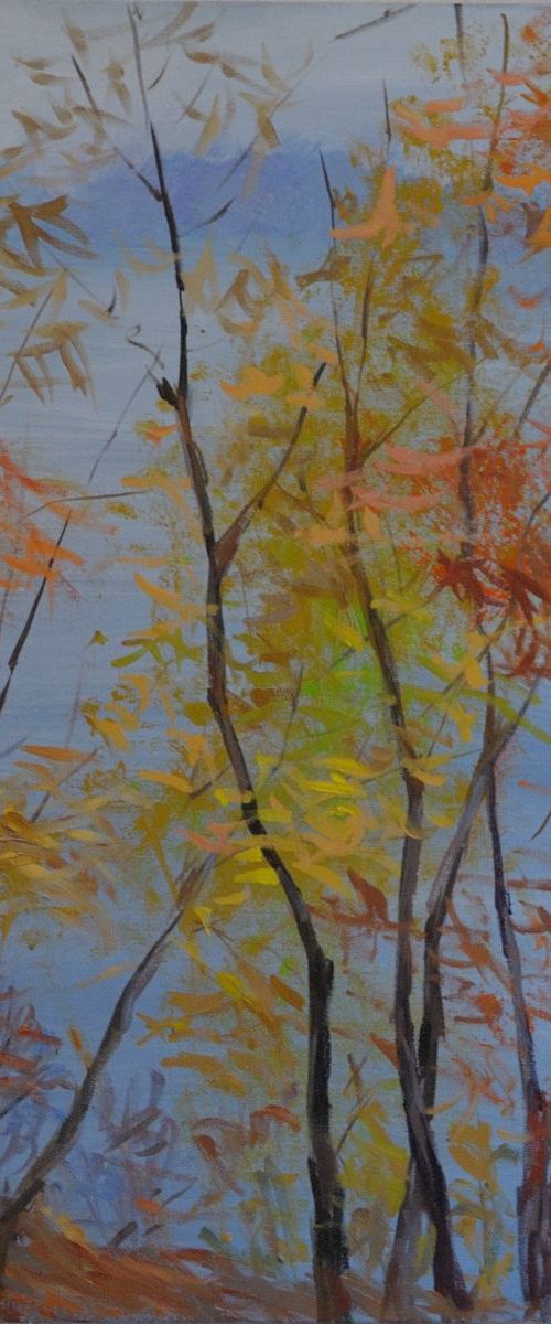 Autumn nature 80/80 cm river foggy original oil painting misty orange leaves by Nataliia Nosyk