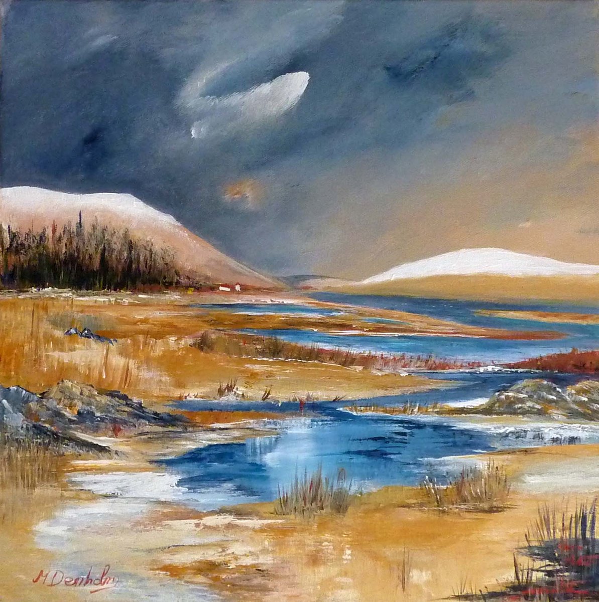 Impressionistic Landscape Acrylic Painting By Margaret Denholm, 16 X 16", Pools Below The Snow Line, Original Artwork