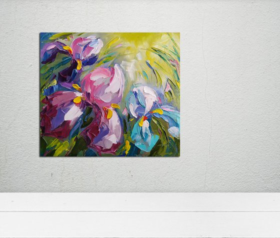 Irises in the garden - flowers, oil painting, irises flowers, gift idea, gift for woman