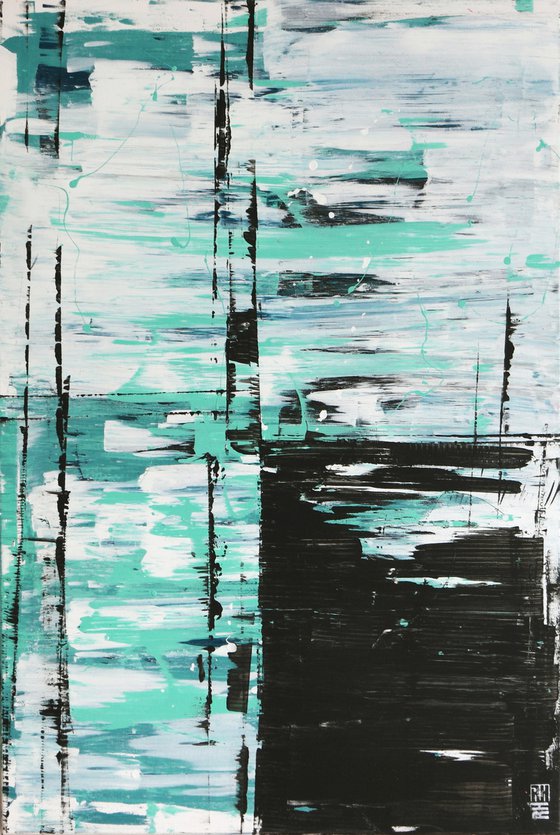 Vertical Acrylic - Static Turquoise in White - Abstract Painting - Ronald Hunter - 05J