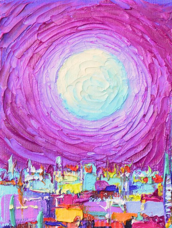 BARCELONA ABSTRACT CITYSCAPE MYSTIC FULL MOON OVER SAGRADA FAMILIA textural impressionist impasto palette knife oil painting by Ana Maria Edulescu