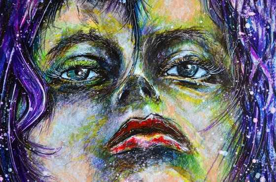 Lavender Girl - Mixed Media Drawing Modern New Contemporary Art Portrait