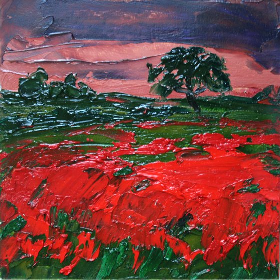 Poppy fields... 4x4" / FROM MY A SERIES OF MINI WORKS LANDSCAPE / ORIGINAL OIL PAINTING
