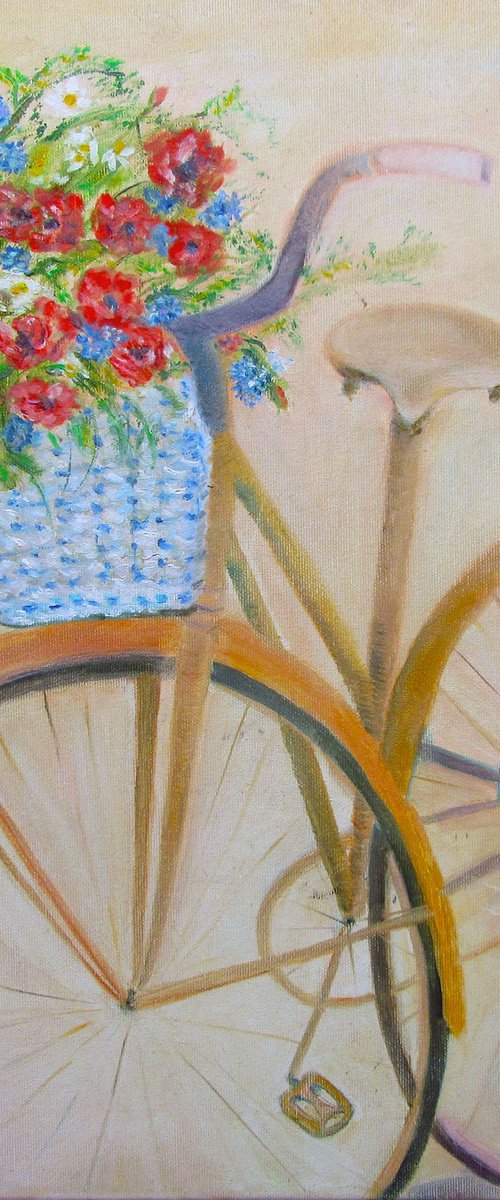 An old Countryside Bike Bicycle with Meadow Flowers Basket and a Butterfly Art Village Gift for Women by Katia Ricci
