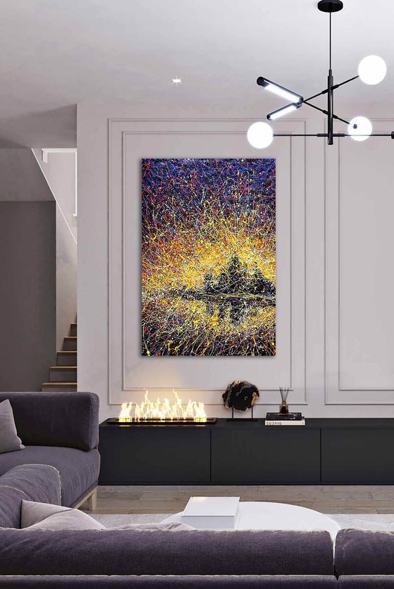 Sunset abstract painting Many layers painting Сity landscape Bright Yellow Orange abstract art