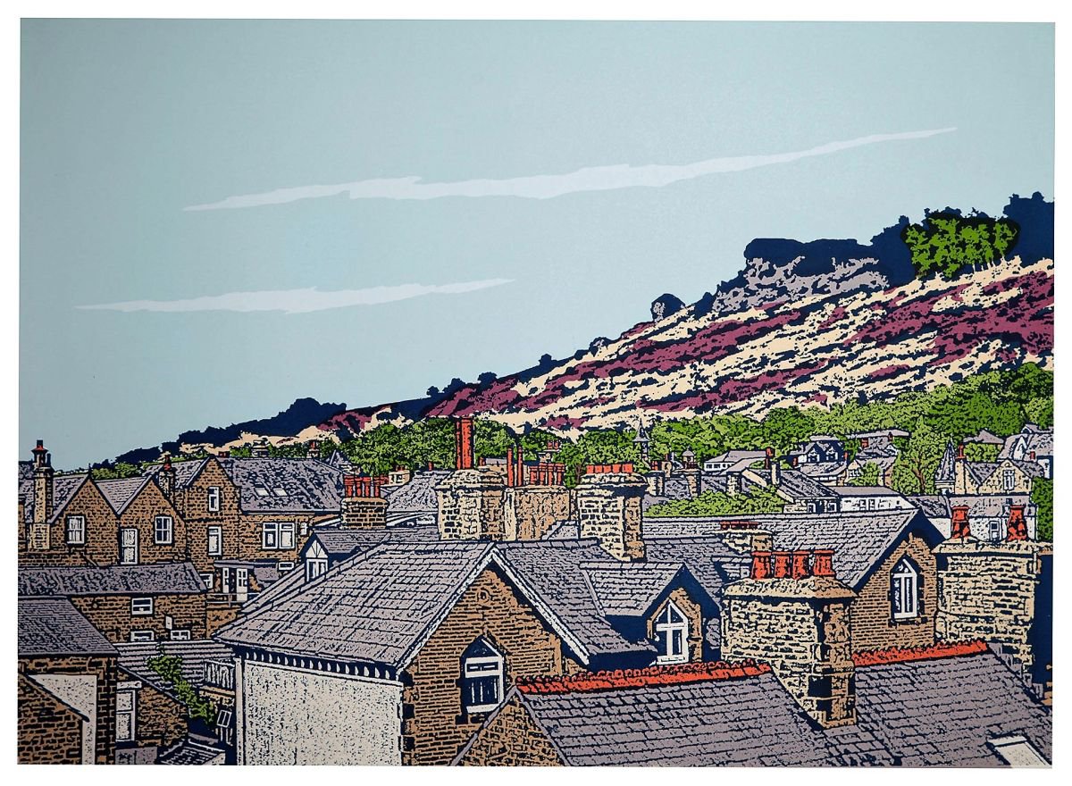 Ilkley rooftops to Cow and Calf - ( Navy) by Talia Russell