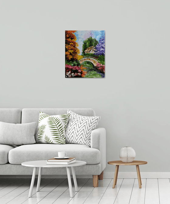 Autumn tale, original landscape bridge tree oil painting, Gift, art for home