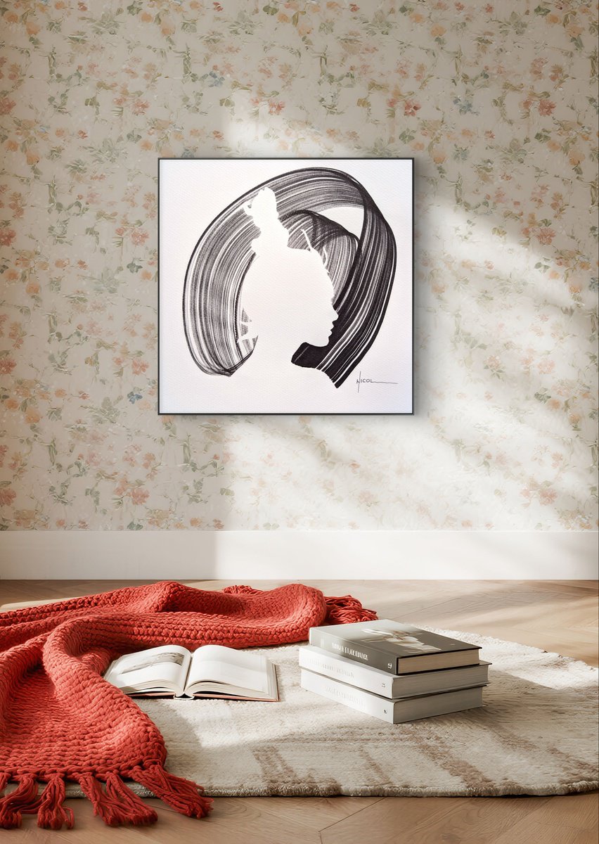 Expressive Portrait Ink Drawing By Nicol Vacaru, 11 X 11", Crown Of Stillness, Original Artwork